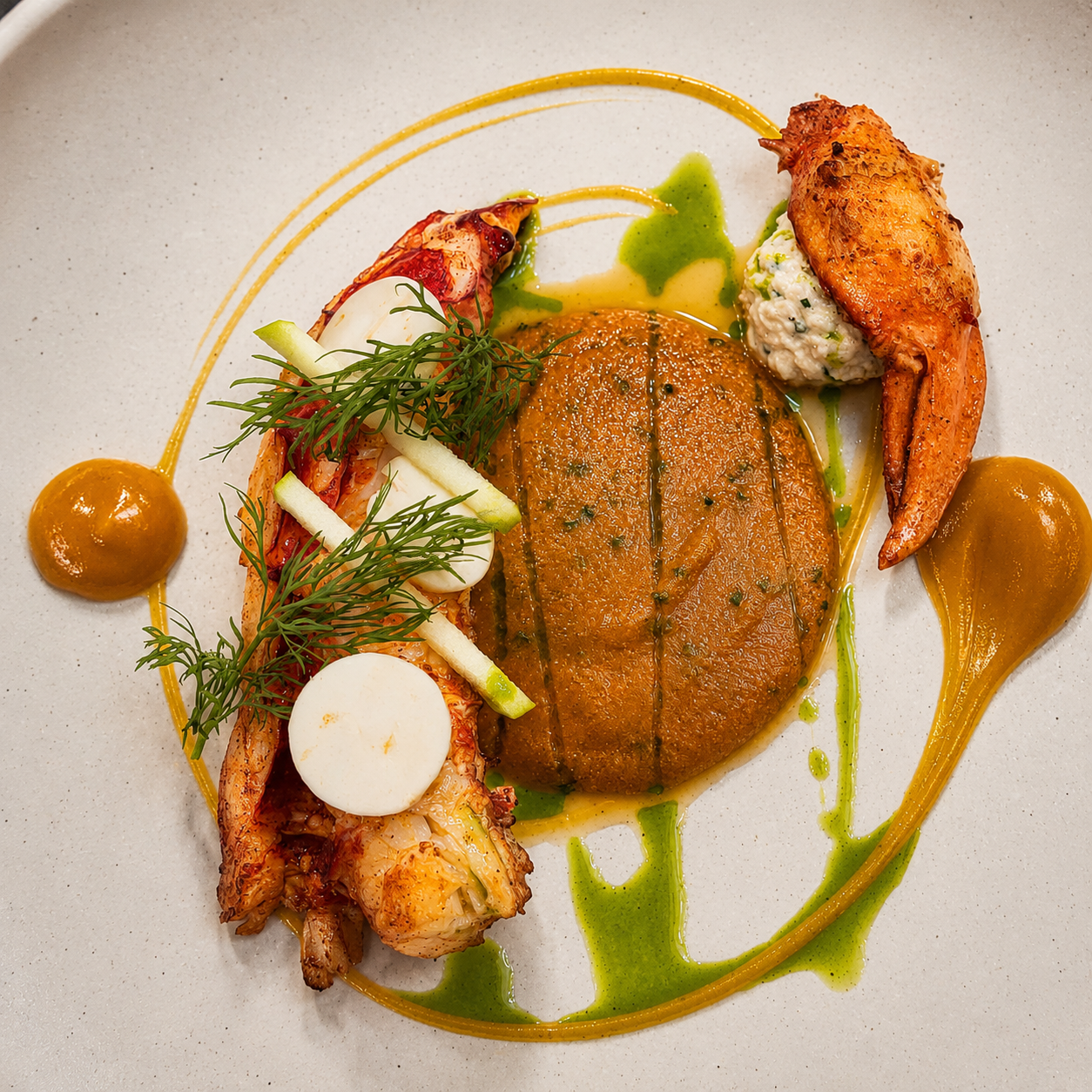 Lobster with bisque, apple and dill