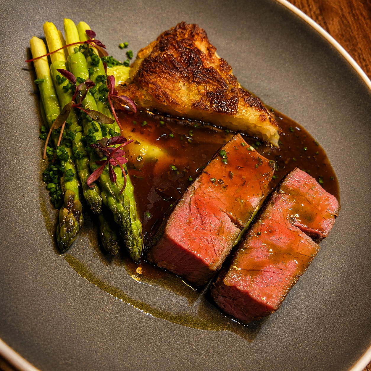 Beef with asparagus, potato and red wine jus