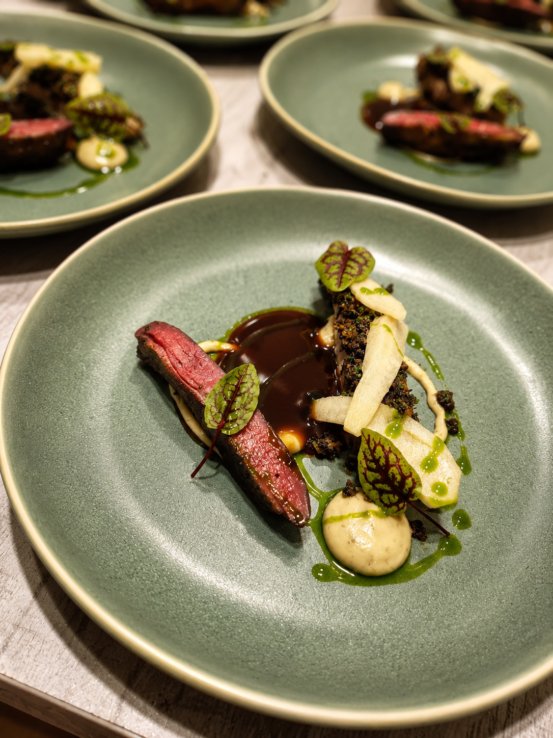 Venison with sorrel, celeriac and jus