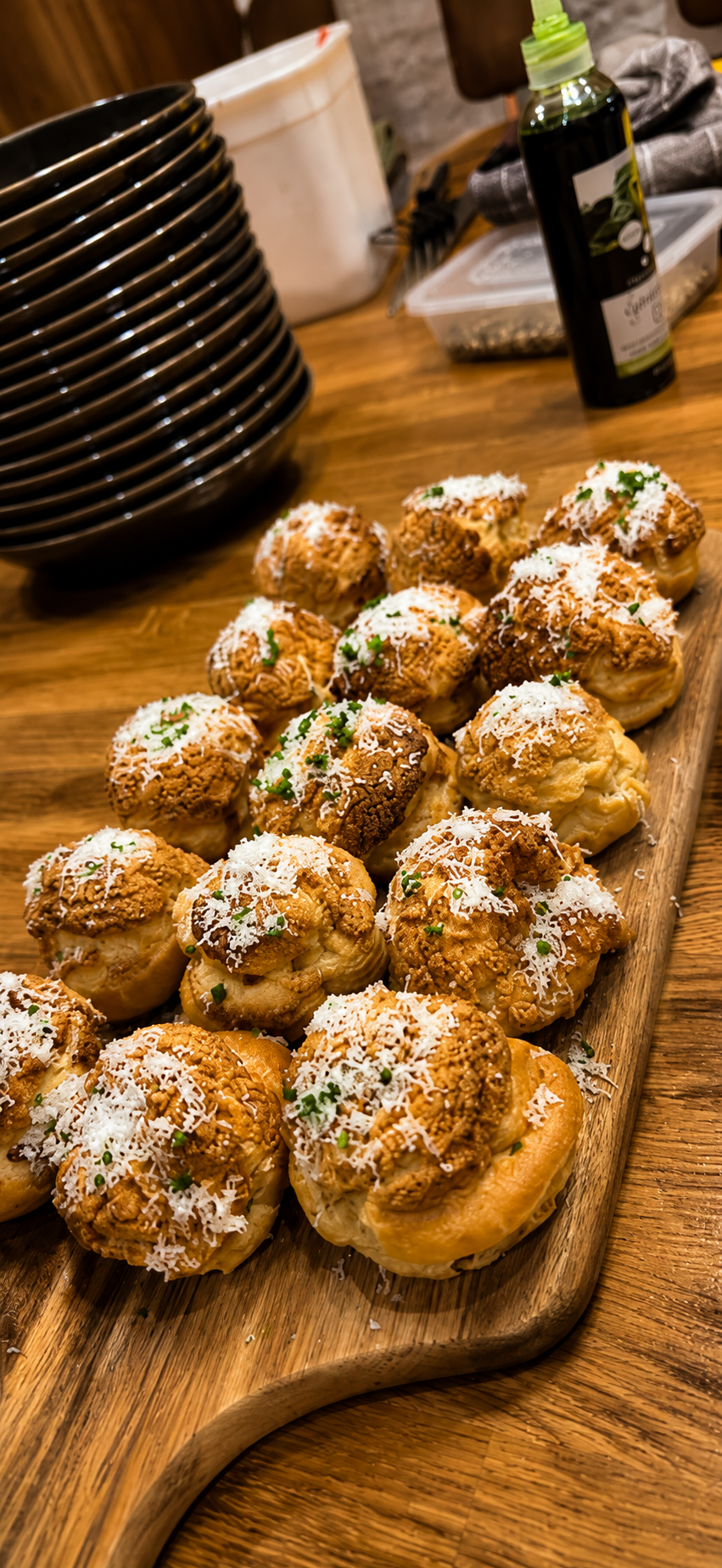 Gougères dusted with parmesan and chives